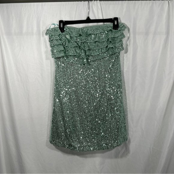 NEW $168 FREE PEOPLE [ 8 ] Frida Sequin Ruffle‎ Minidress in Island Sea Green - Picture 2 of 14